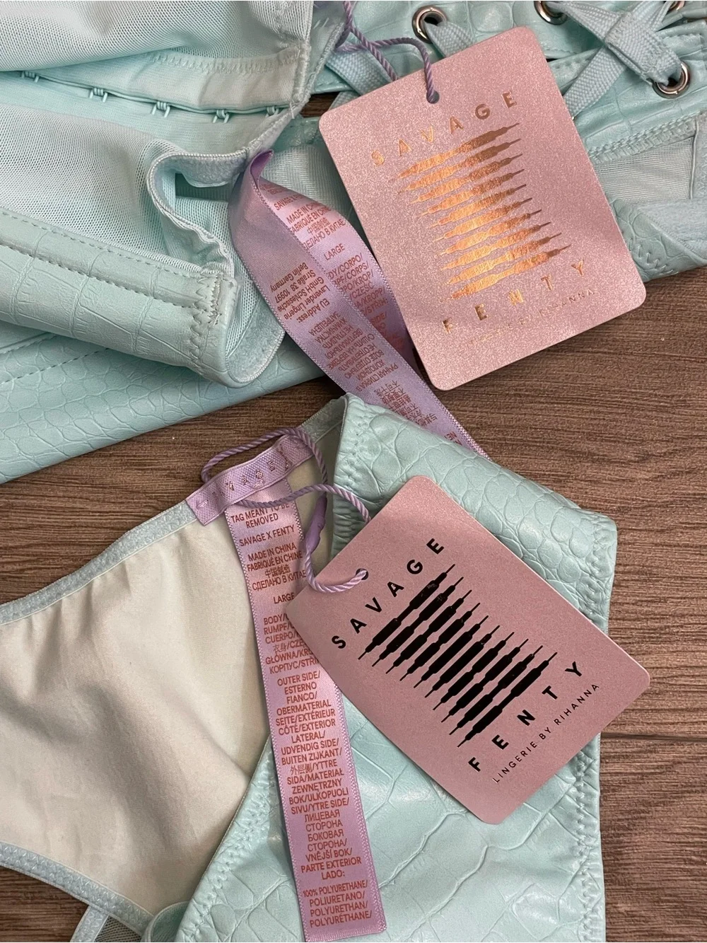 Savage x Fenty Light Blue Faux Leather Corset and Panty Matching Set